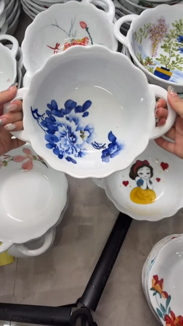 瓷片景德镇高温陶瓷食品级手绘釉中彩-双耳汤碗