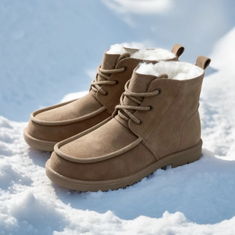 男士时尚防滑保暖加绒加厚皮毛一体牛皮高帮雪地靴马丁靴男女同款