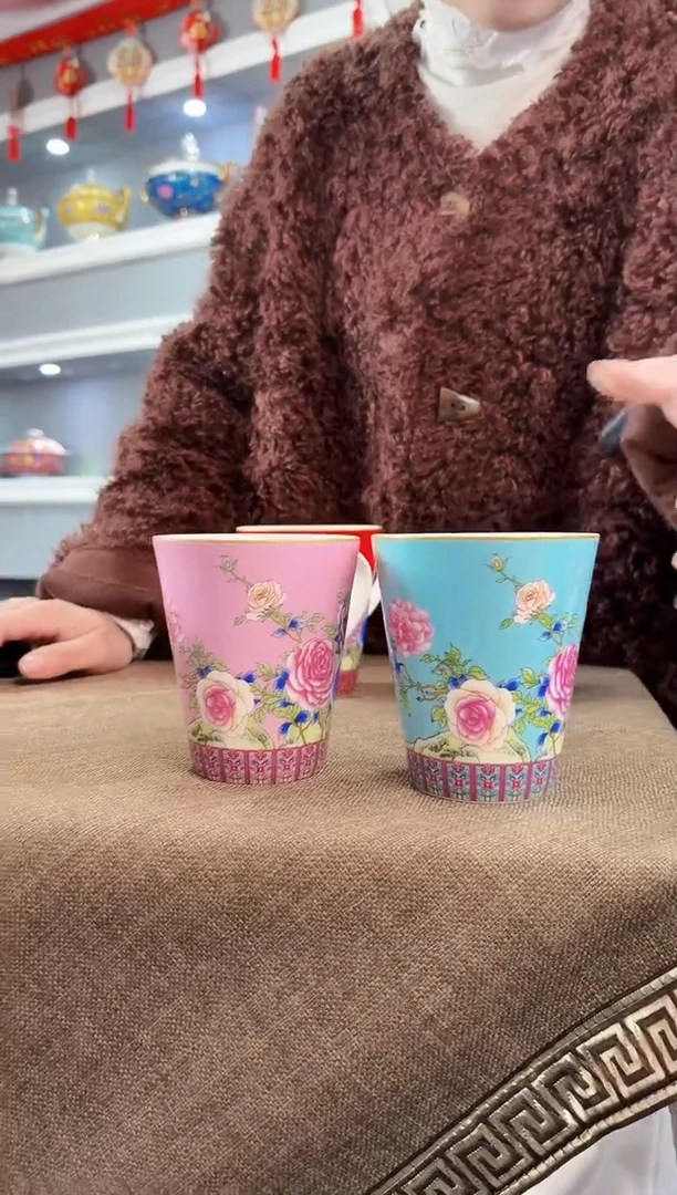 珐琅 牡丹花卉水杯2只装景德镇