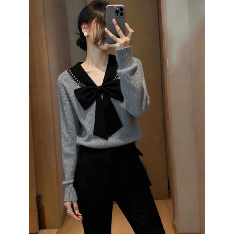 韩系小香风气质温柔百搭减龄灰色上衣女2025早秋蝴蝶结内搭打底衫