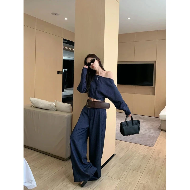 女装小众炸街春季气质欧若风穿搭感斜肩时尚上衣百搭阔腿裤套装