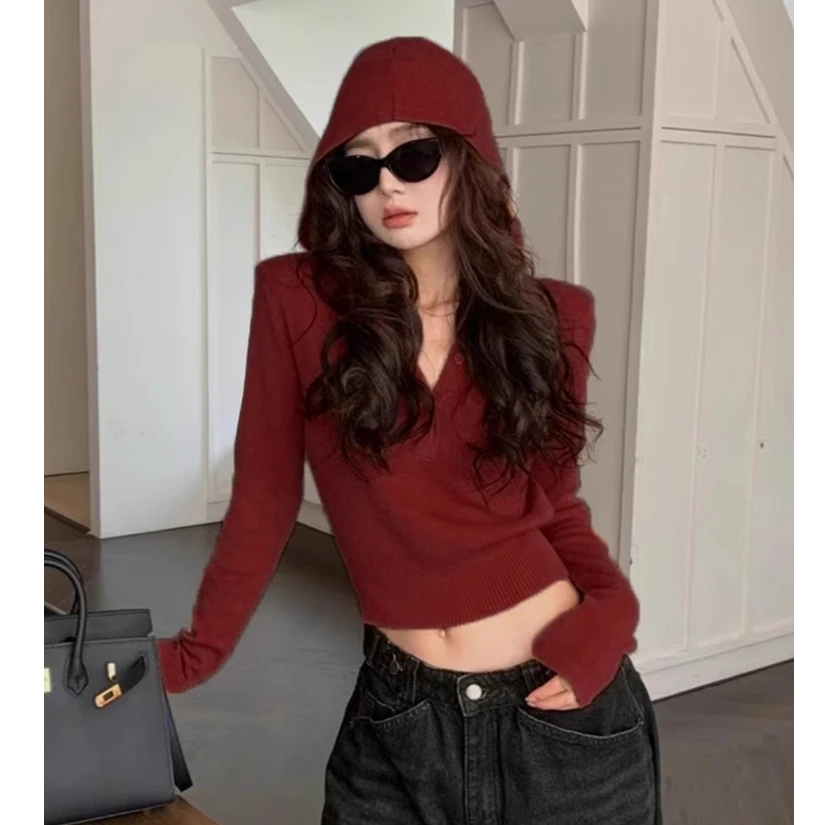 新款连帽针织衫女秋季设计感修身收腰长袖时尚显瘦短款百搭上衣