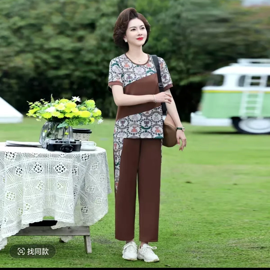 8460-H妈妈装洋气时尚两件套气质上衣休闲短袖套装新仓库23-3-4