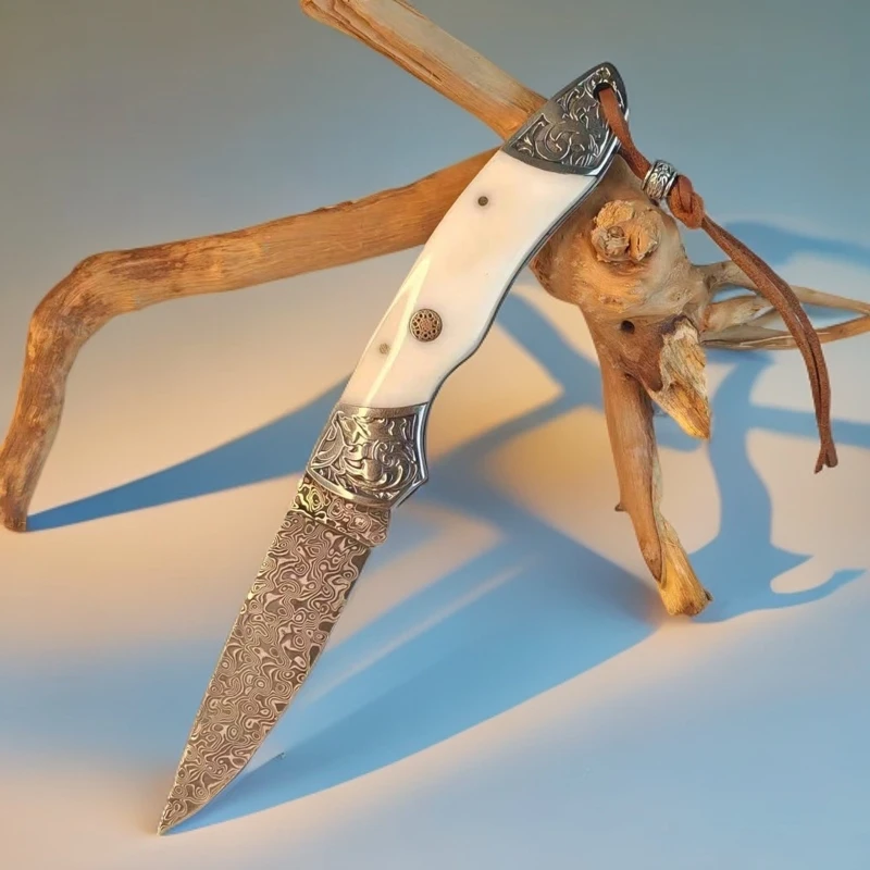 XSD新款纯牛骨手柄雕花钢头大马士革便携折叠水果刀