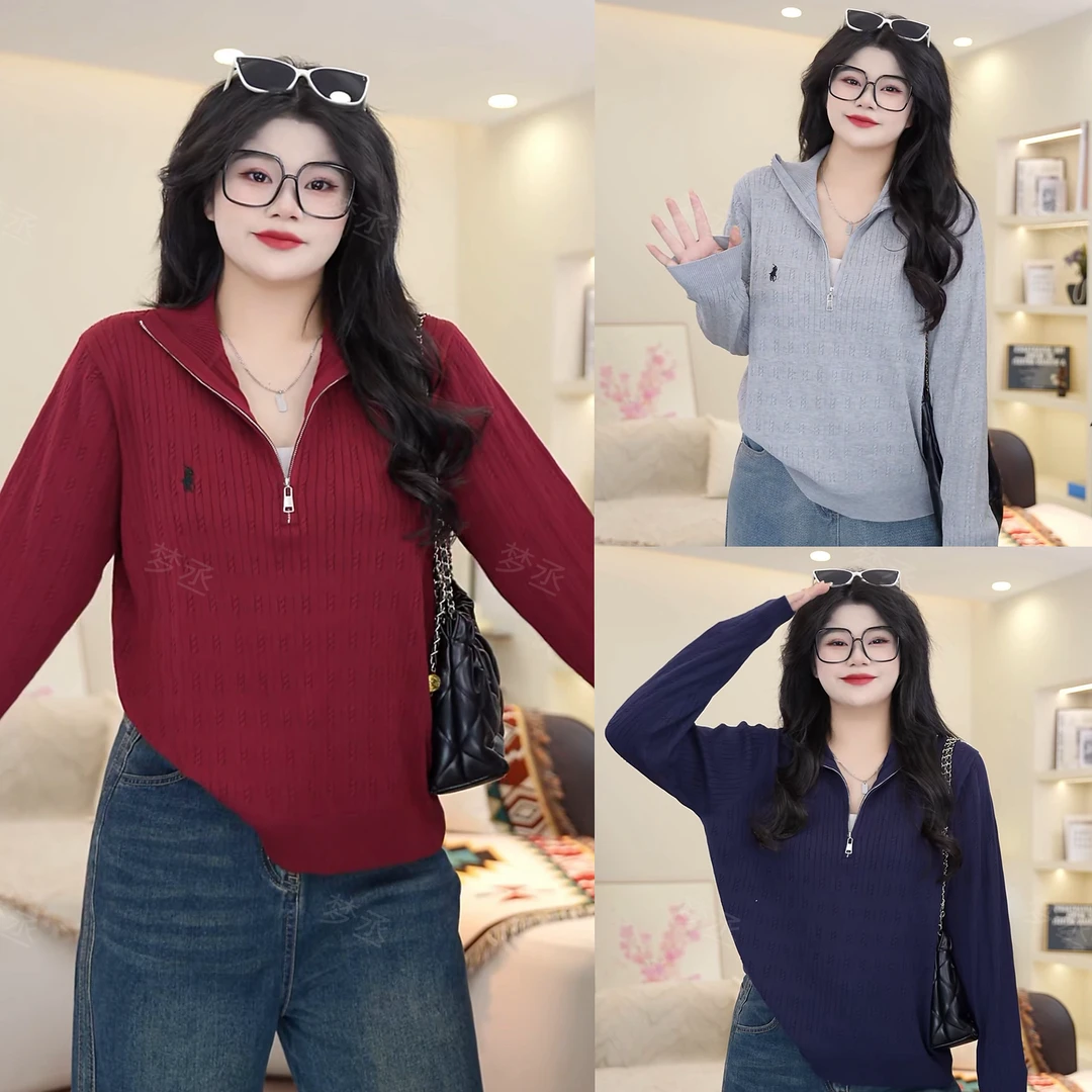 梦丞-早秋大码女装胖mm简约宽松显瘦百搭刺绣拉链针织衫上衣女