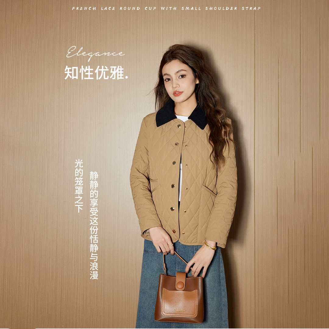 早秋时尚百搭复古气质高定菱形格修身羊毛棉服MY2382