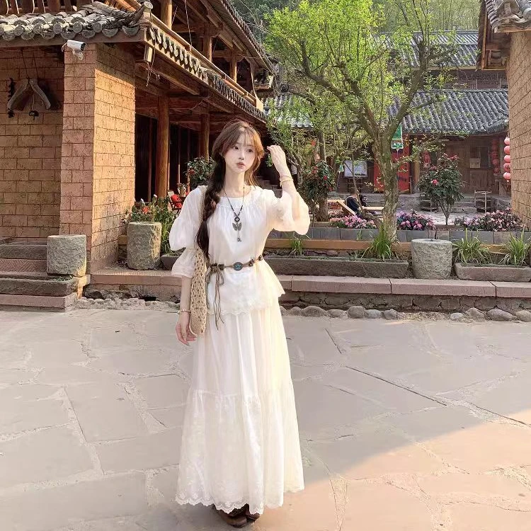 夏季穿搭一整套时尚洋气高级感小香风白色泡泡袖衬衫半身裙套装女