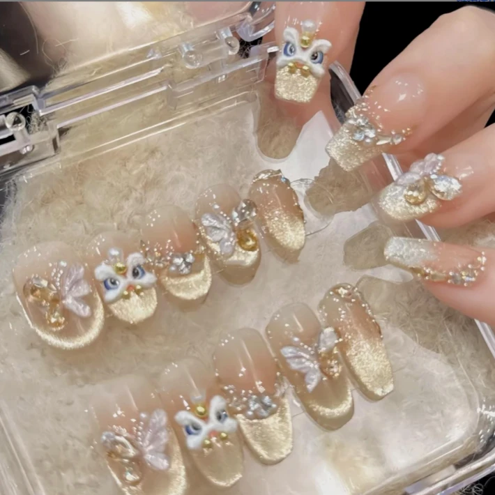【烫金醒狮】高级纯手工穿戴甲美甲贴片可拆卸指甲贴片10片装