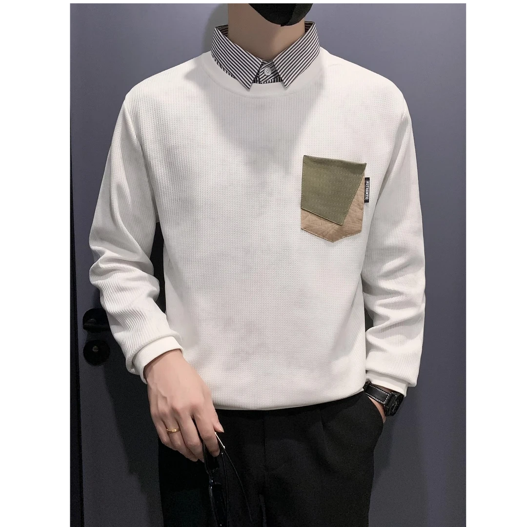 男士潮牌假两件条纹衬衫领卫衣脏脏长袖T恤春秋季内搭打底衫百搭