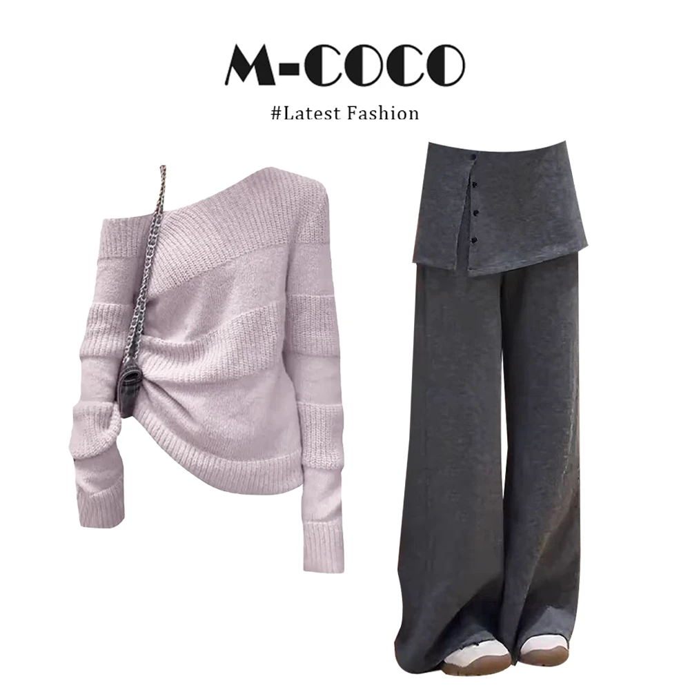 MARIE.COCO秋冬新款小众设计感斜肩长袖紫色毛衣屁帘休闲裤两件套