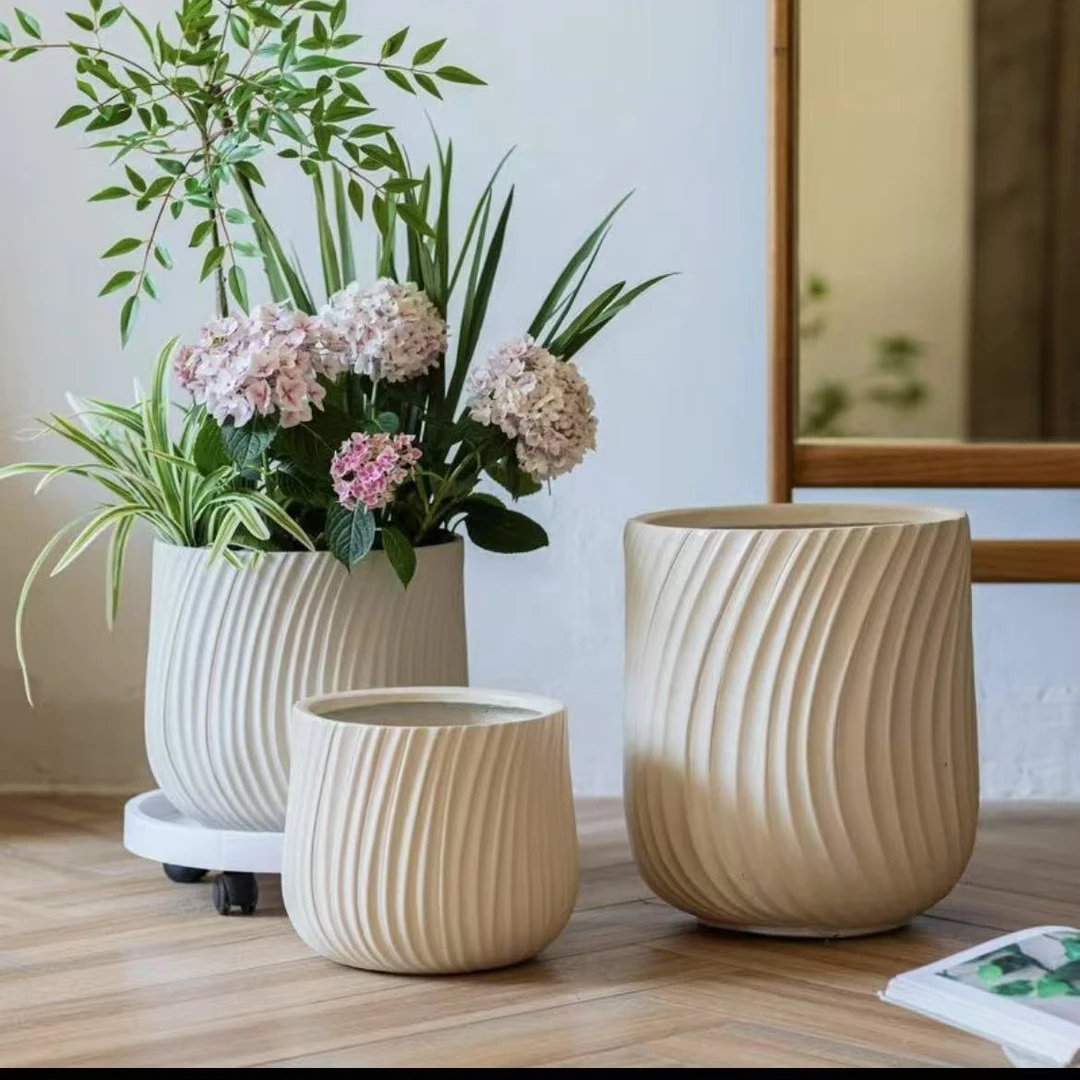 欧式简约轻奢风镁泥花盆客厅卧室花盆摆件大号落地盆栽百合竹花器