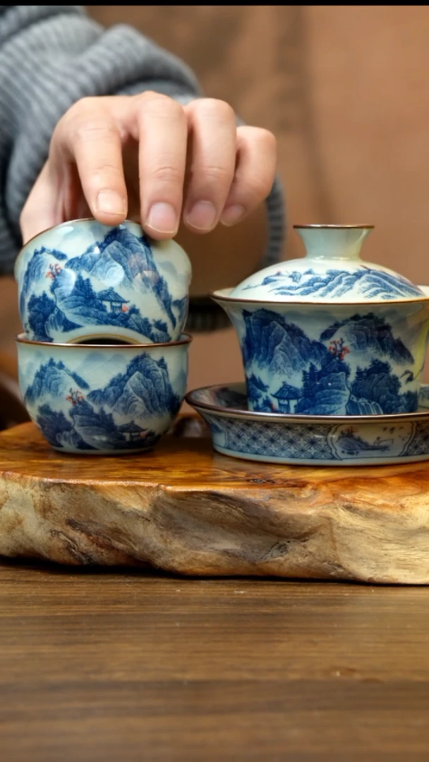 景德镇陶瓷风水套装（1个盖碗2个杯子）