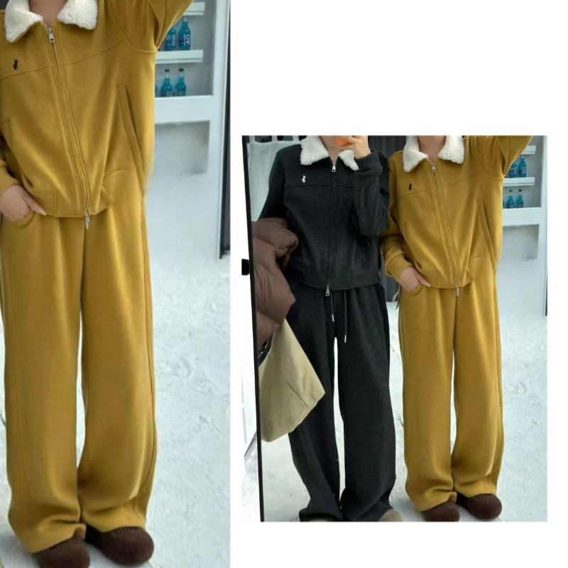 卫衣套装女秋冬加绒2025新款休闲运动风翻领卫衣外套+阔腿裤两件