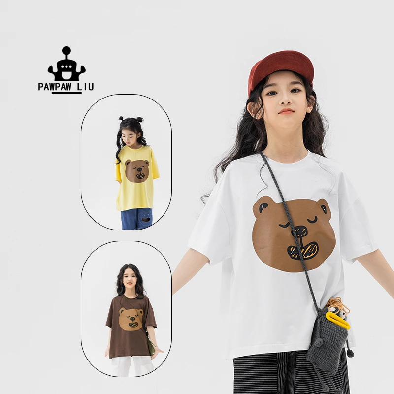 pawpaw liu原创设计女童短袖T恤2025夏季新款男童休闲熊出没上衣