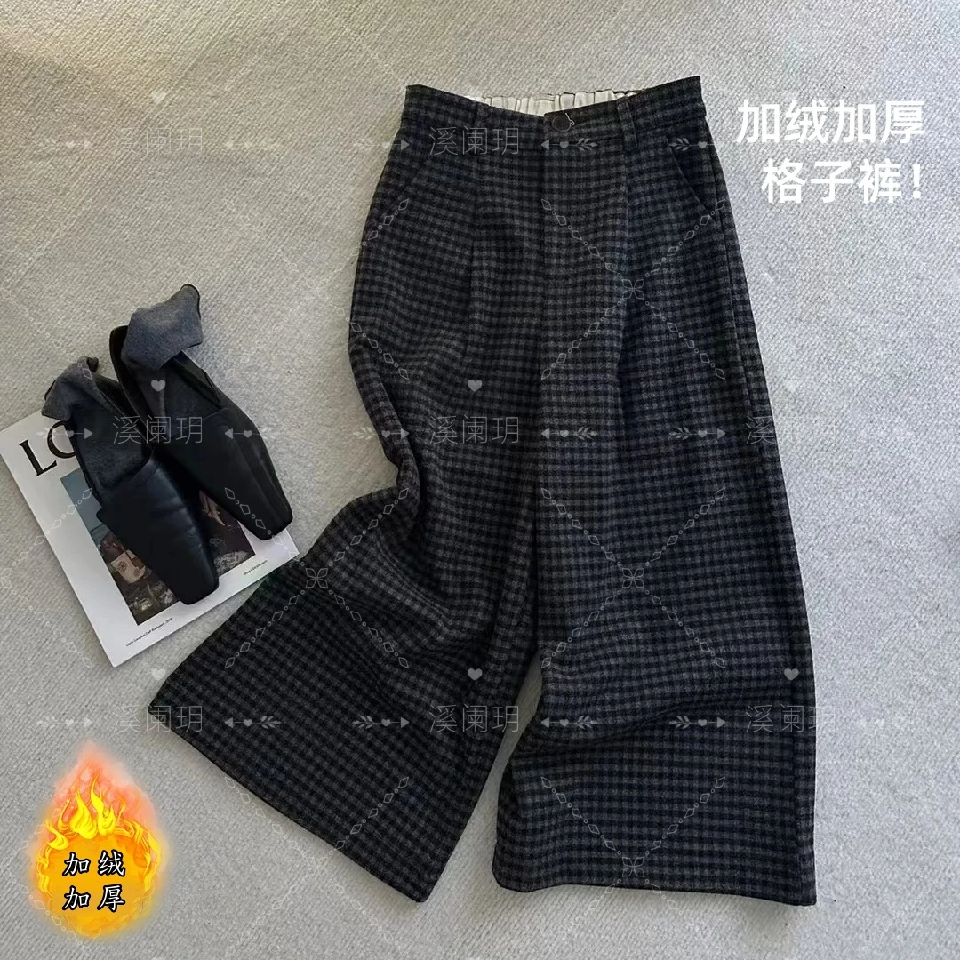 冬季复古加厚半松紧垂感格子裤宽松显瘦阔腿裤加绒加厚休闲裤