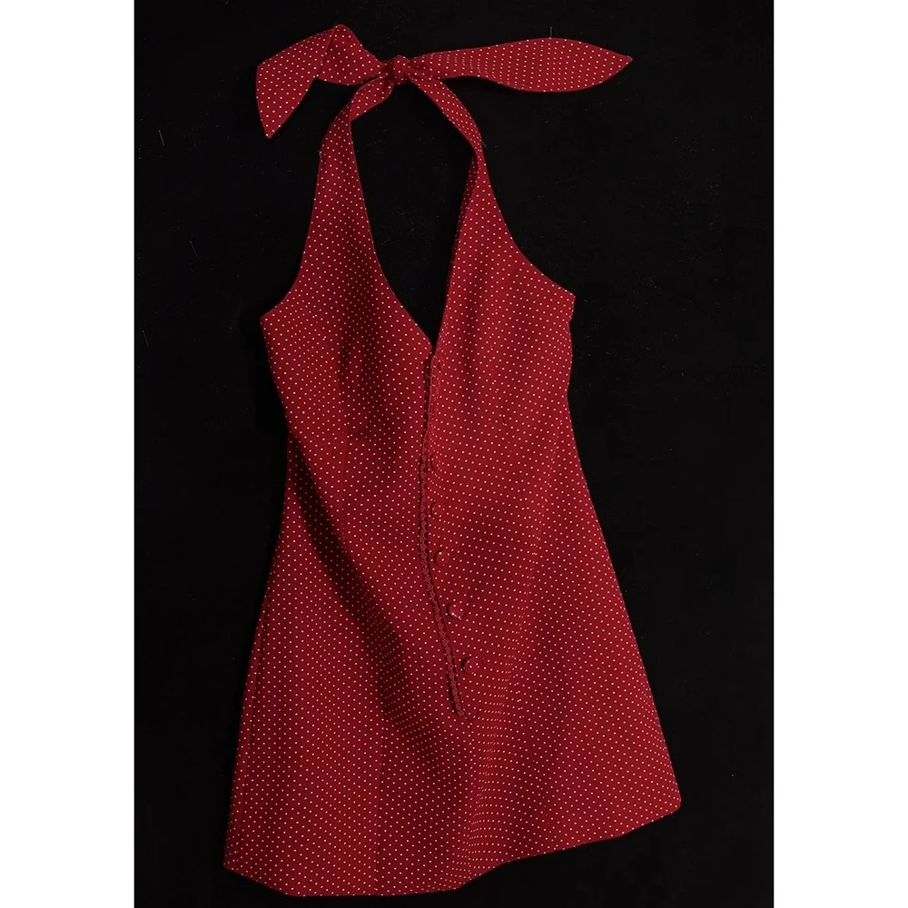 眼前一亮！！怒推，掐腰气质穿搭度假风清纯红色波点挂脖吊带裙子女