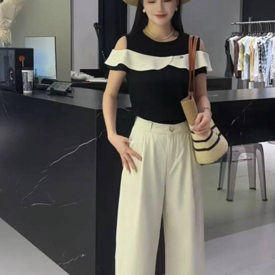 极简风荷叶边常规款宽松型T恤宽松休闲白色韩版拼色--25661