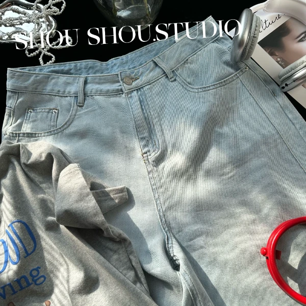 【瘦瘦】水洗牛仔-大码夏高腰宽松显瘦垂感脚宽边拖地牛仔裤S01506