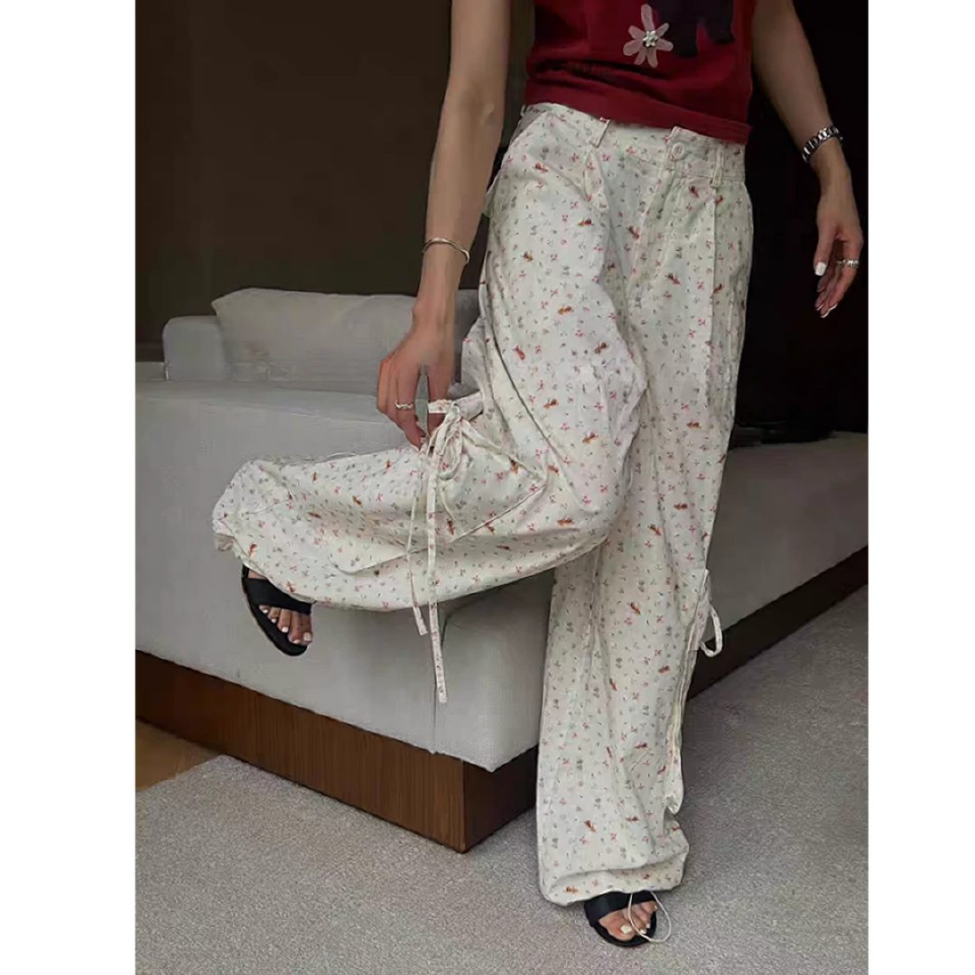 【奥莉】2025春夏：碎花大口袋抽绳休闲工装裤95667