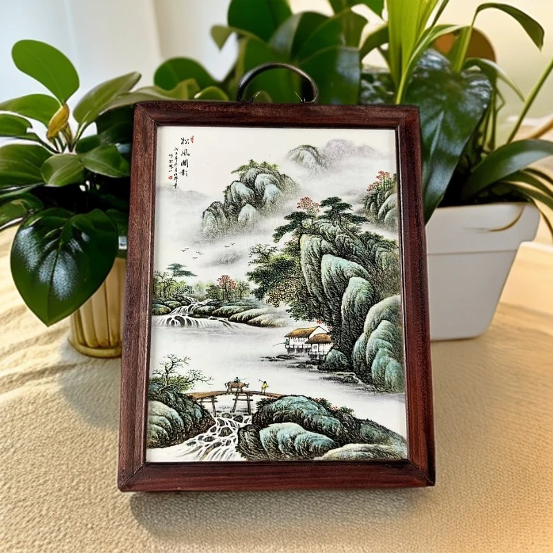 景德镇陶瓷瓷板画山水粉彩松风阁影实木边框37*28cm