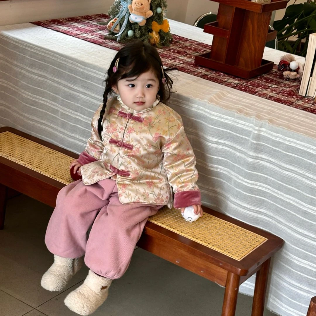 反季清仓冬季国风新中式碎花盘扣棉服搭粉色加绒裤女童拜年服