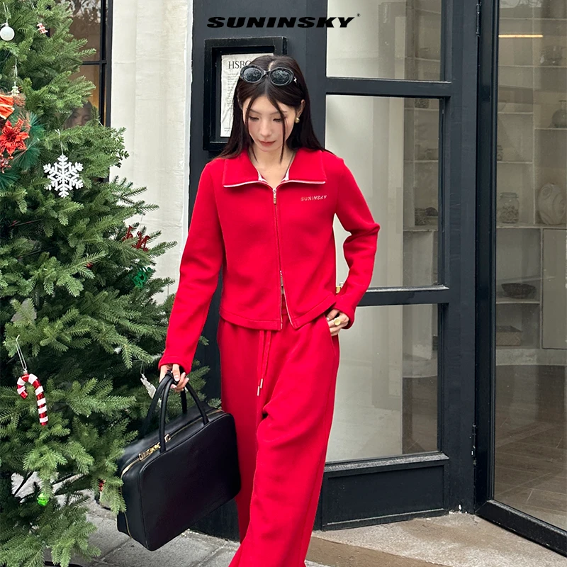 SUNINSKY短款烫钻上衣简约休闲长裤拉链运动套装-K312001