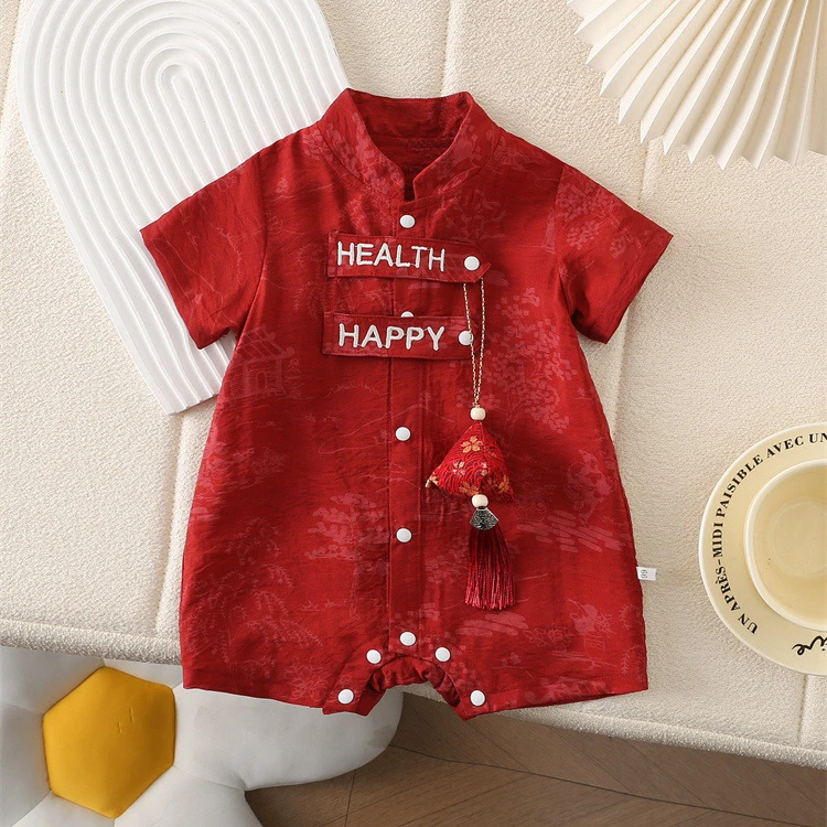 宝宝百天衣服婴儿国风唐装夏季薄款汉服连体衣周岁礼服兄妹装哈衣