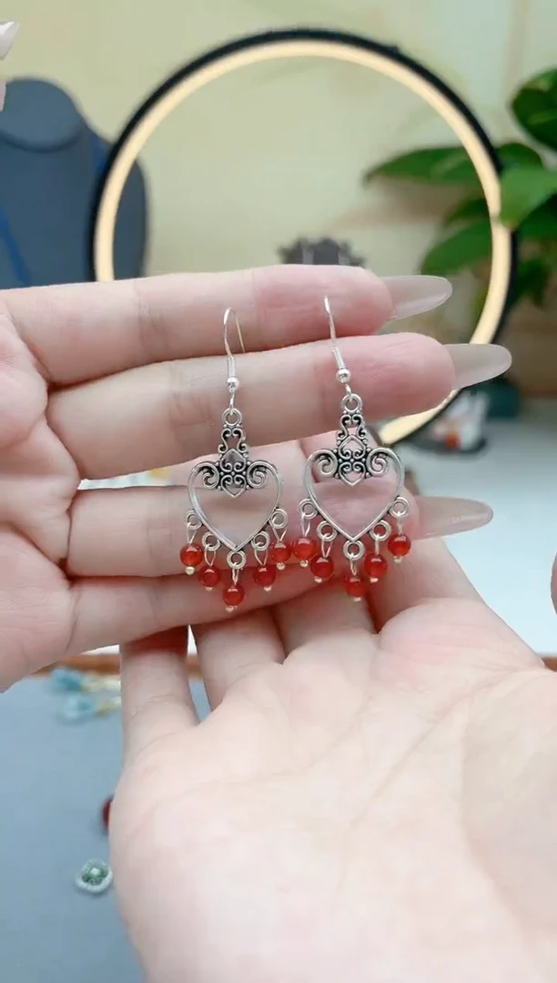 玛瑙/玉髓耳饰银S925镶嵌00爱心