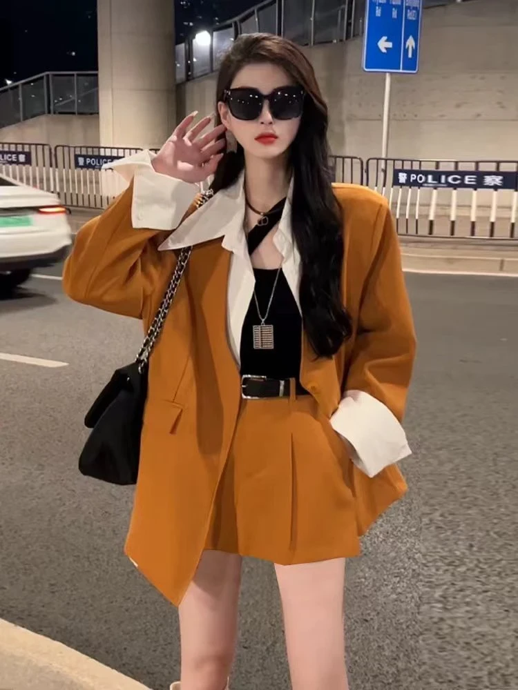 韩版女新款拼接假两件西装外套拼接裙裤风套装