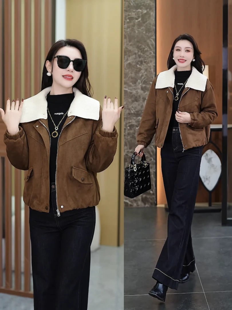 韩版针织翻领加厚外套女2025冬季新款宽松气质百搭时尚加绒夹克