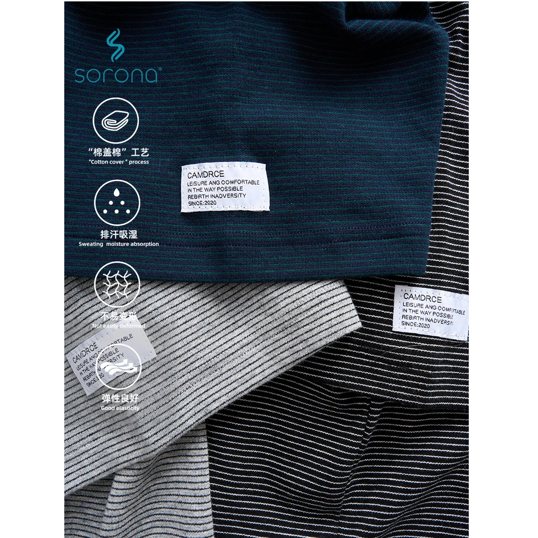 CAMDRCE肌理感抗皱双拉捆索罗娜小领口超细条纹短袖T恤