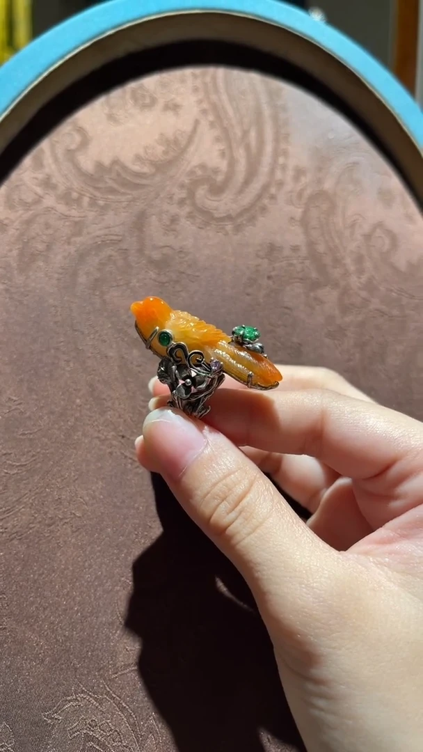 翡翠戒指银S925镶嵌红翡绿翠