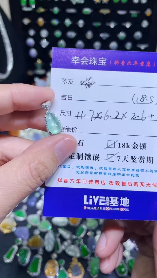 颈饰18K金镶嵌翡翠喵***呀玻璃种木纳豆子吊坠