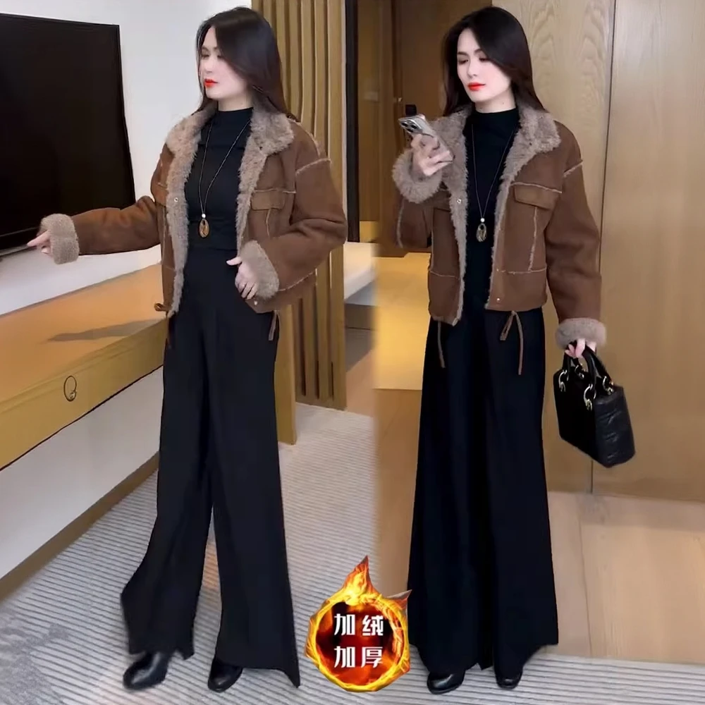 加绒加厚麂皮绒短外套女2025冬季新款洋气显瘦短款保暖夹克上衣潮