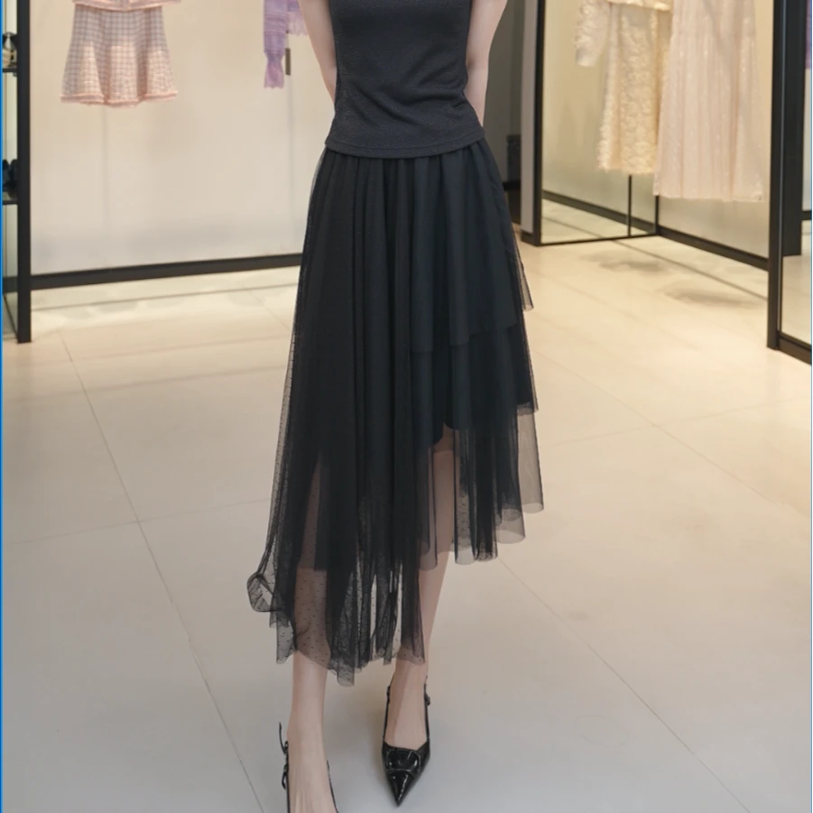 AMASS/阿玛施新款显瘦半身裙气质高腰不规则时尚网纱裙5200135
