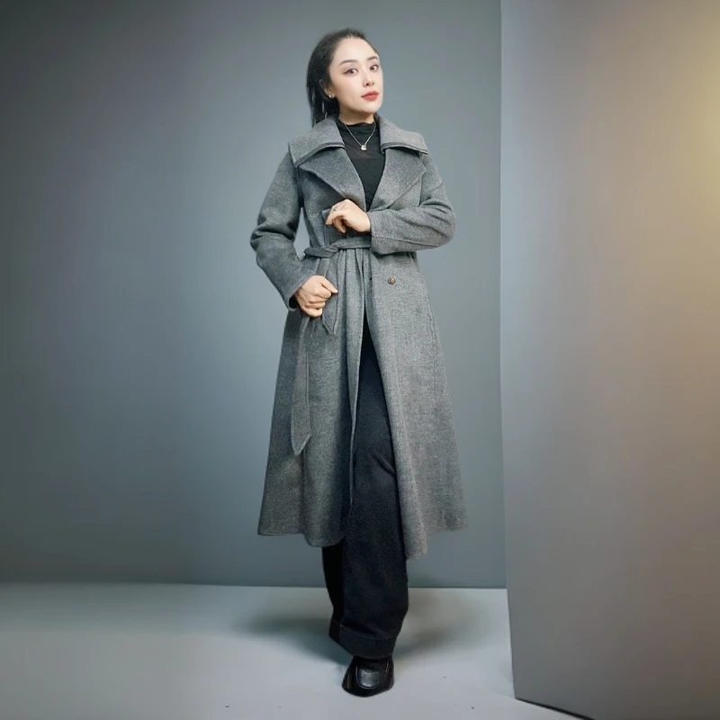 气质女士收腰显瘦过膝长款秋冬时尚双面尼大衣9320