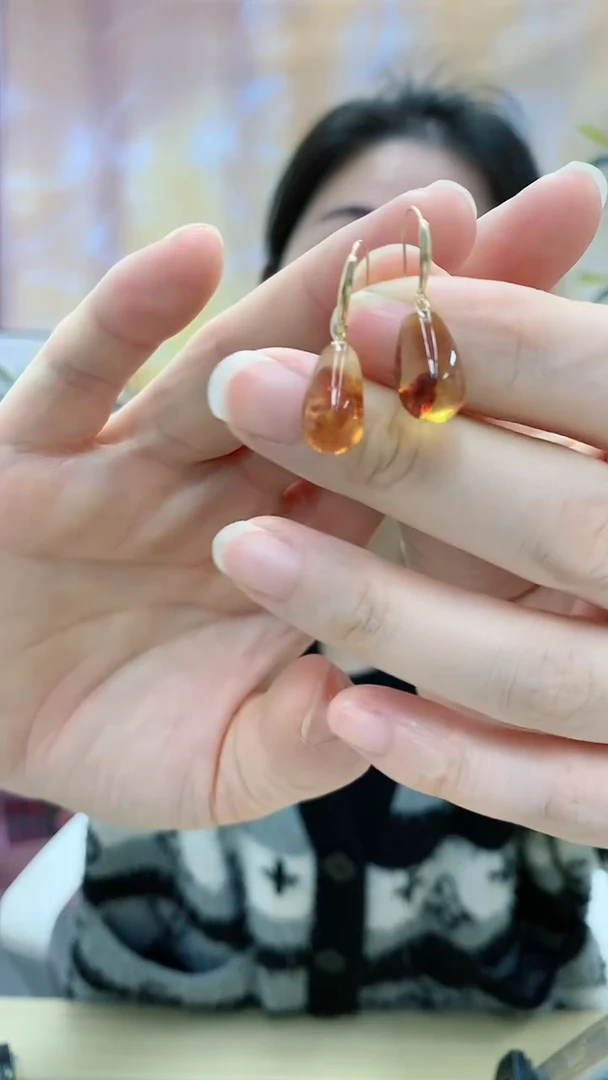 【闪购商品】琥珀（花珀）耳环18K金镶嵌dd@@花珀耳环A747