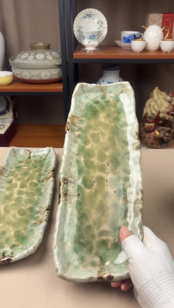 瓷片绿釉手工长盘