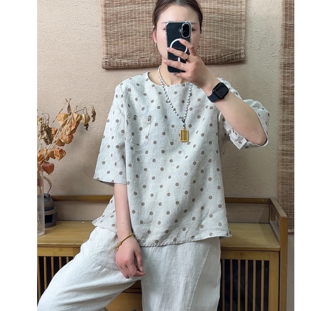 夏季新款亚麻套头小衫女士复古宽松短袖