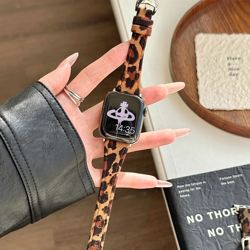 秋冬豹纹翻毛皮质applewatch11表带适用S10苹果手表带iwatchs98se