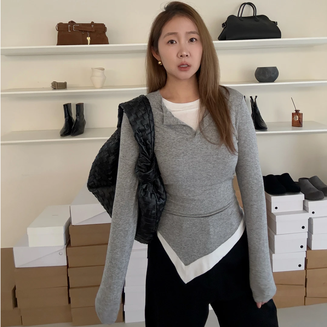 widelia陈姬儿秋季假两件拼接打底衫女百搭撞色半开领上衣8161