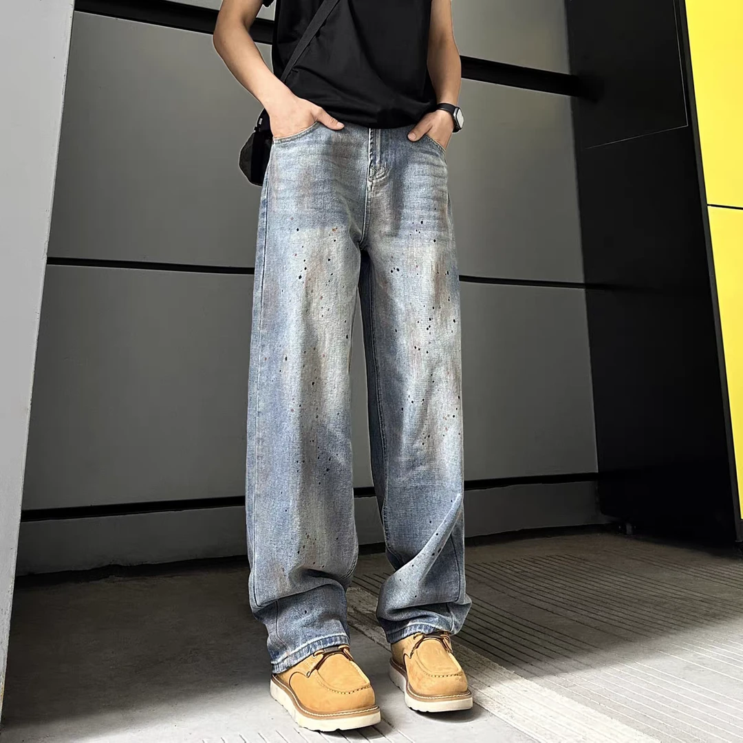 泼墨设计感直筒牛仔裤男士美式高街复古石磨水洗宽松阔腿休闲长裤