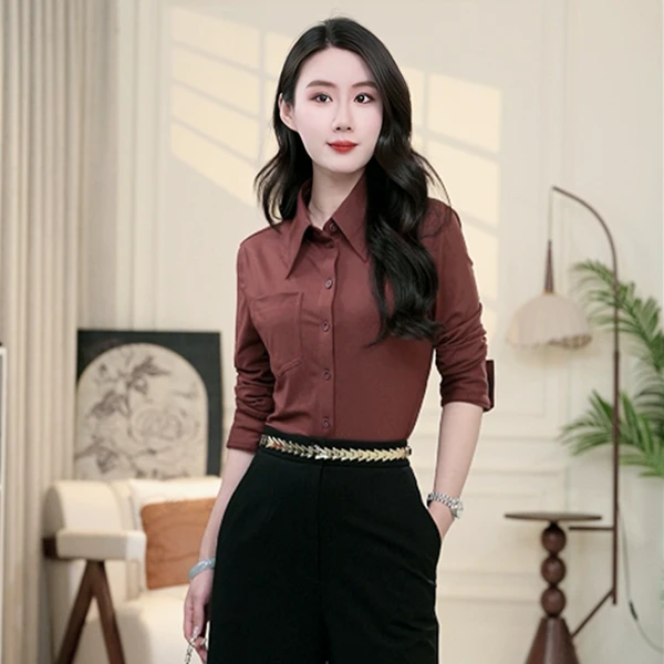 GIRDEAR/哥弟【枫染秋醇】春秋时尚气质纯色翻领长袖衬衫女1301044
