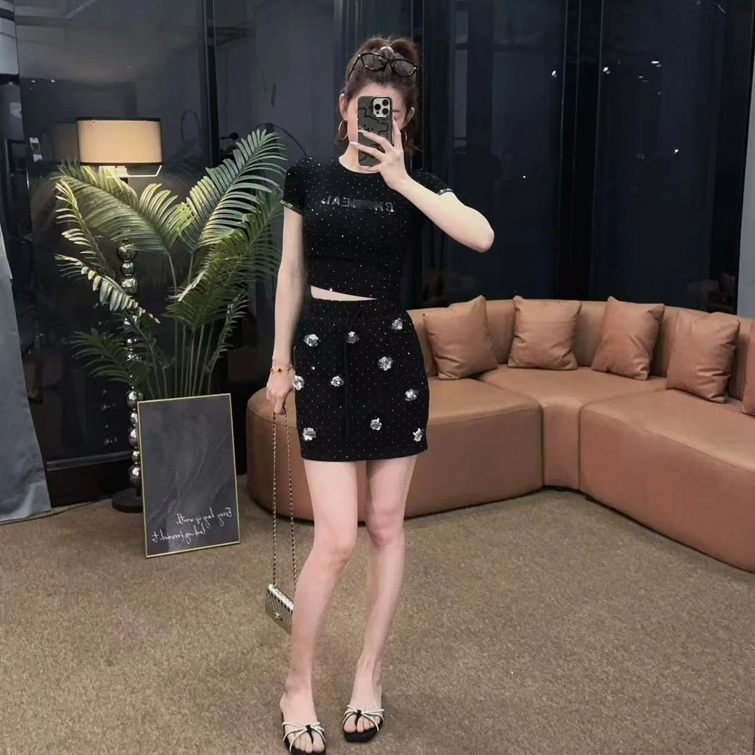 专属【Gouya】重工烫钻套装女夏装气质短袖上衣高腰短裙子两件套
