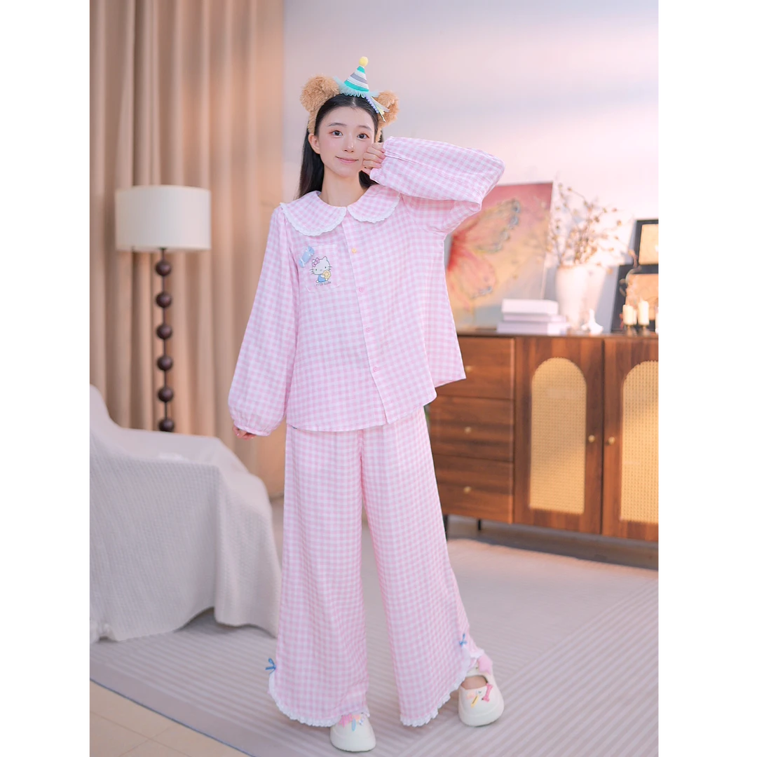 粉格KT糖果娃娃领-a 睡衣女秋款少女家居服秋季直筒裤家居服可外