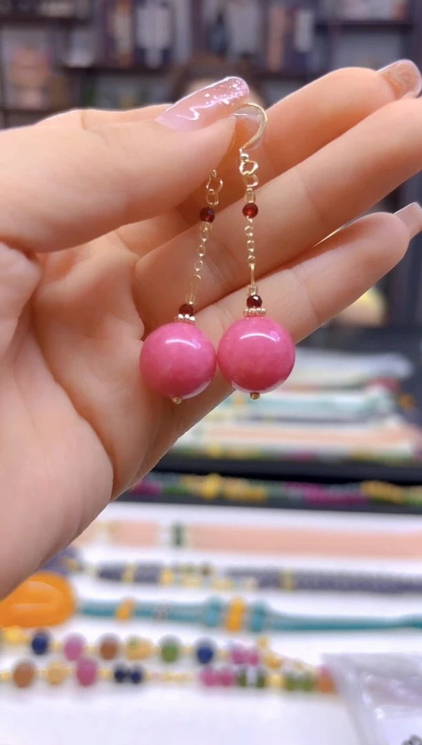 菱锰矿（红纹石）14K金镶嵌耳坠DIY款E613