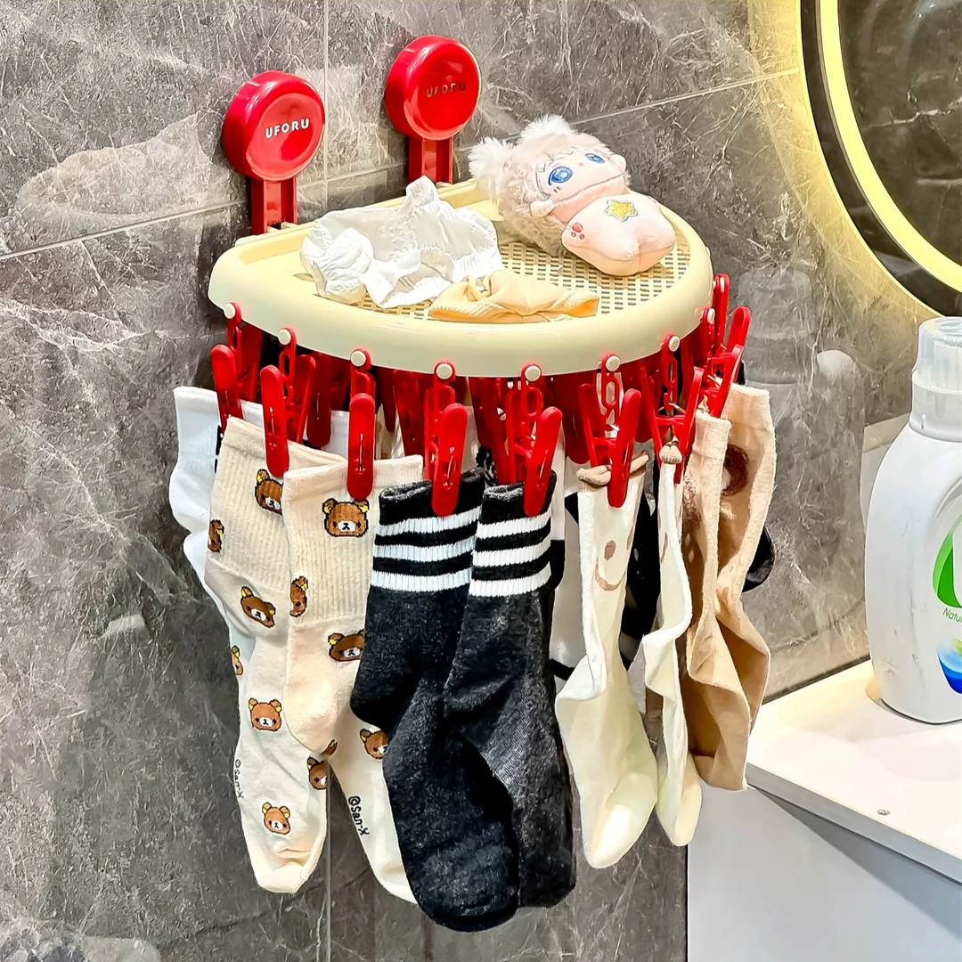 吸盘袜子晾衣架多夹子晾晒架阳台多功能内衣裤挂架折叠晒袜子神器