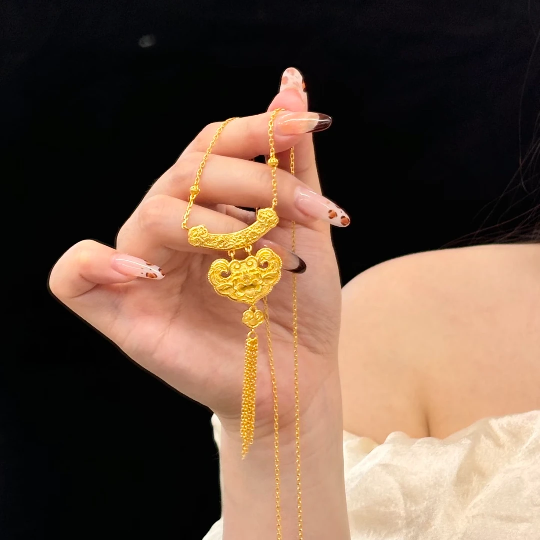 铜合金项链 新中式花月佳期国风荷花流苏坠链锁包项链时尚锁骨链