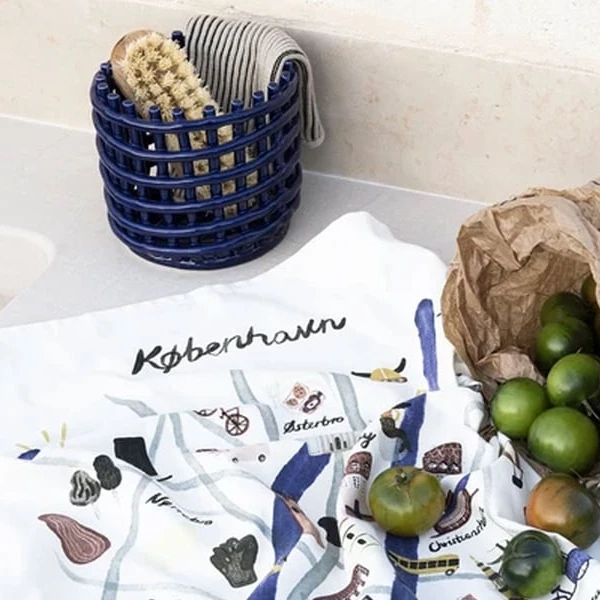 【FL家】16*14.5CM 深蓝色（小号）手工陶瓷收纳篮 水果篮 储物 编篮