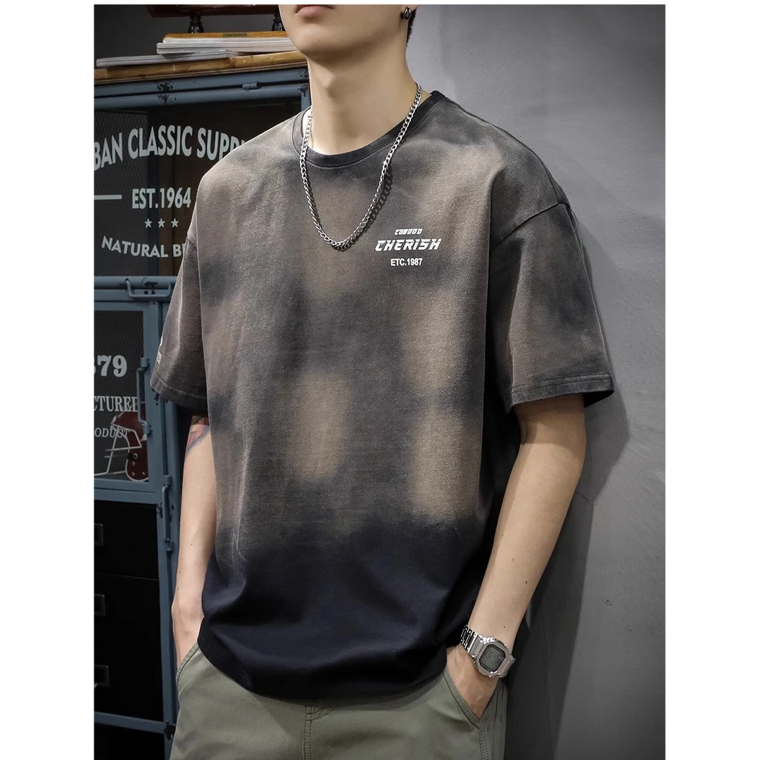 新款渐变水洗纯棉短袖t恤男宽松大码夏季潮牌ins半袖体恤上衣